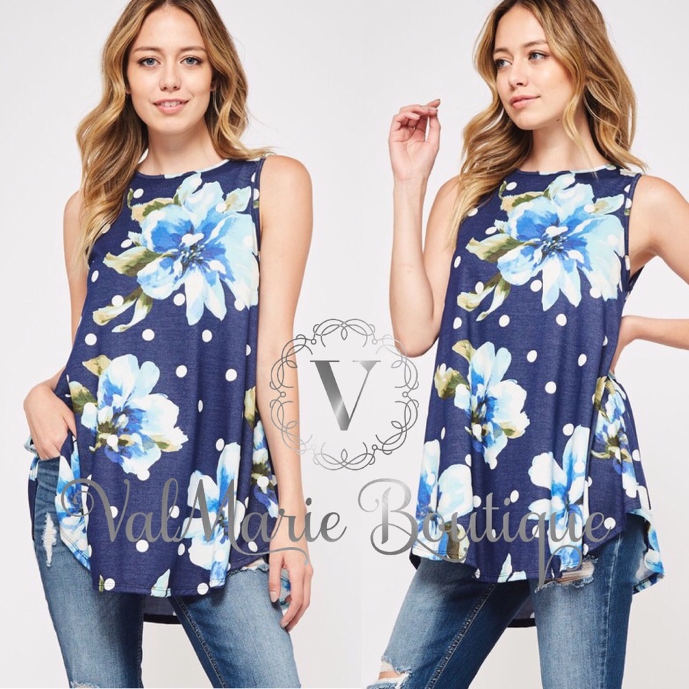 Navy polka dot spring sleeveless tunic top